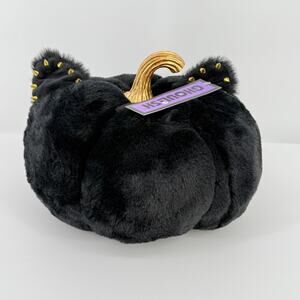 Halloween Faux Fur Black Gold Studs Cat Ears Plush Pumpkin 11" Thanksgiving Goth